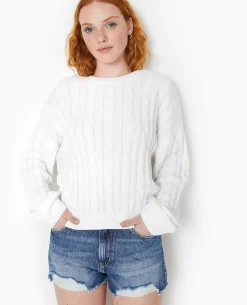 Pull Col Rond En Maille Chenille Torsadée - Blanc