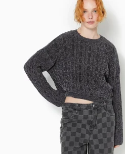 Pull Col Rond En Maille Chenille Torsadée - Gris Foncé