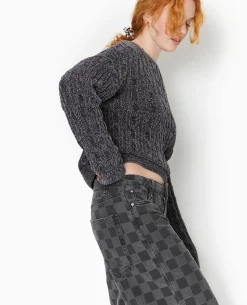 Pull Col Rond En Maille Chenille Torsadée - Gris Foncé