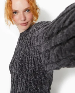 Pull Col Rond En Maille Chenille Torsadée - Gris Foncé