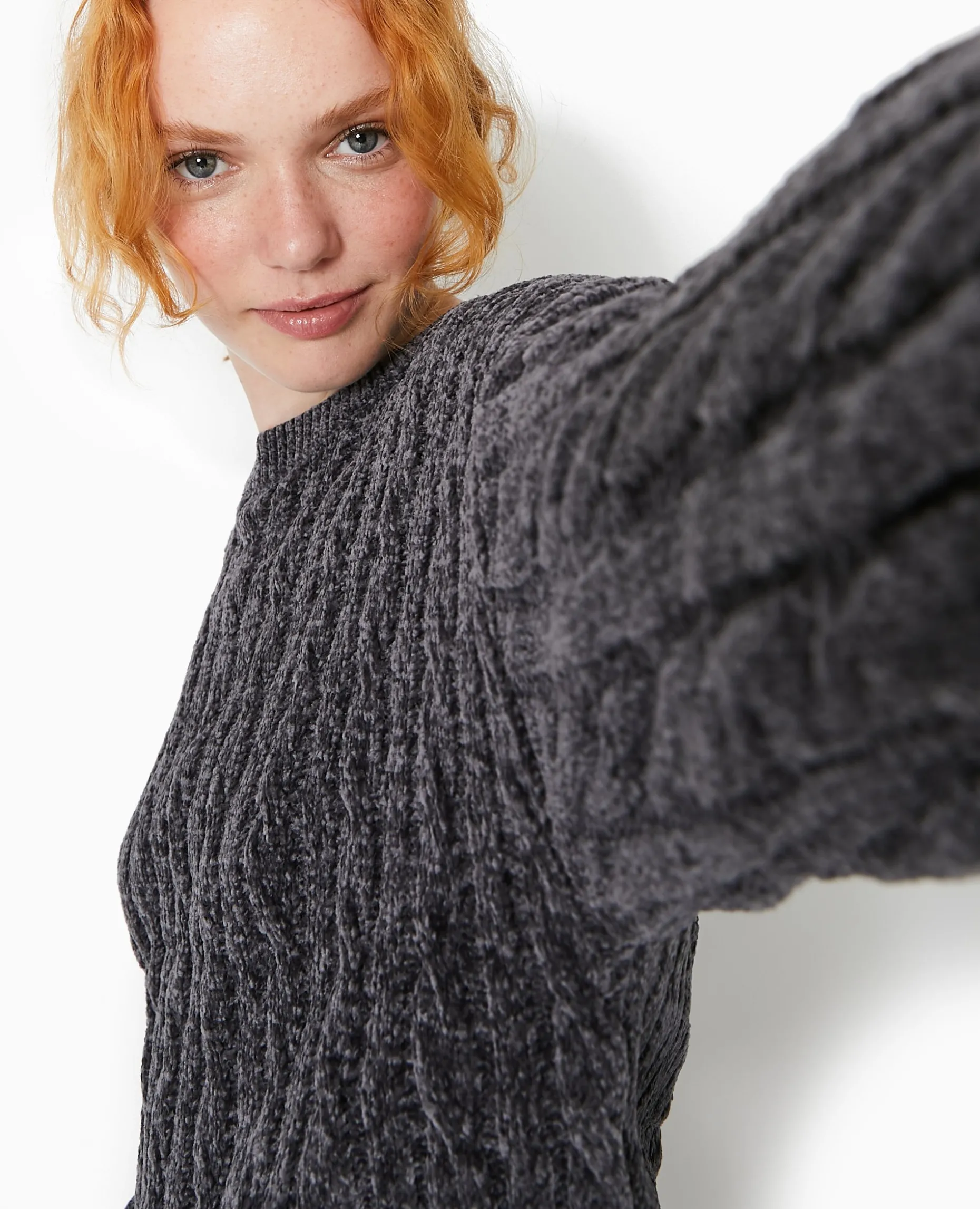 Pull Col Rond En Maille Chenille Torsadée - Gris Foncé