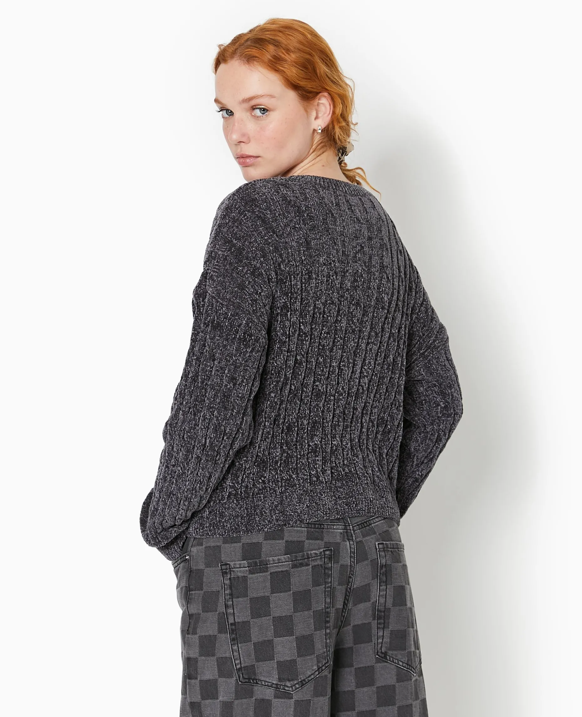 Pull Col Rond En Maille Chenille Torsadée - Gris Foncé