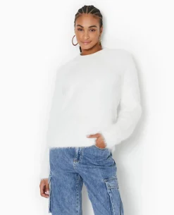 Pull Col Rond En Maille Fluffy Et Poilue - Blanc