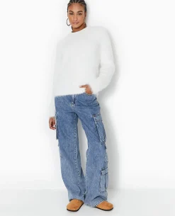 Pull Col Rond En Maille Fluffy Et Poilue - Blanc