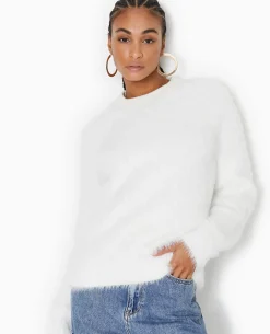 Pull Col Rond En Maille Fluffy Et Poilue - Blanc