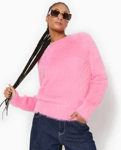 Pull Col Rond En Maille Fluffy Et Poilue - Rose
