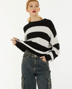 Pull Col Rond En Maille Rayée - Blanc