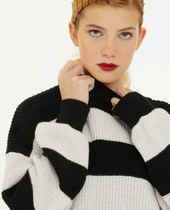Pull Col Rond En Maille Rayée - Blanc