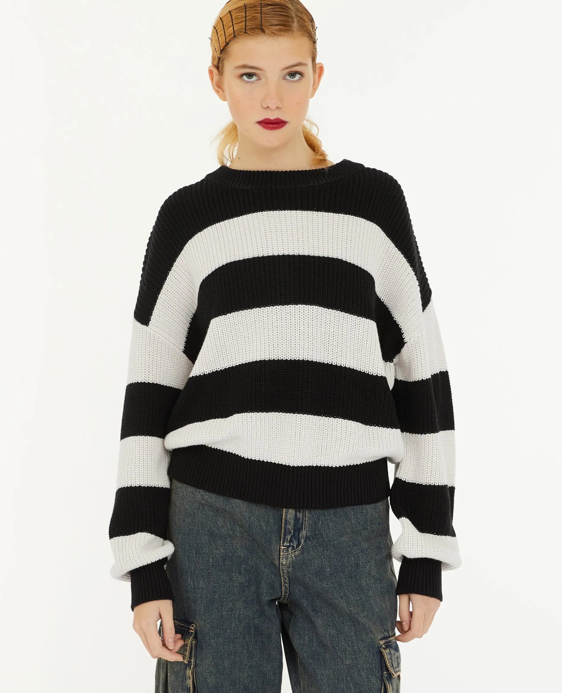 Pull Col Rond En Maille Rayée - Blanc