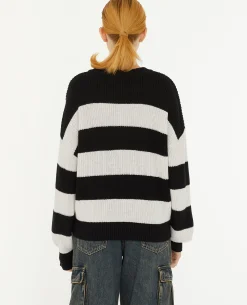 Pull Col Rond En Maille Rayée - Blanc