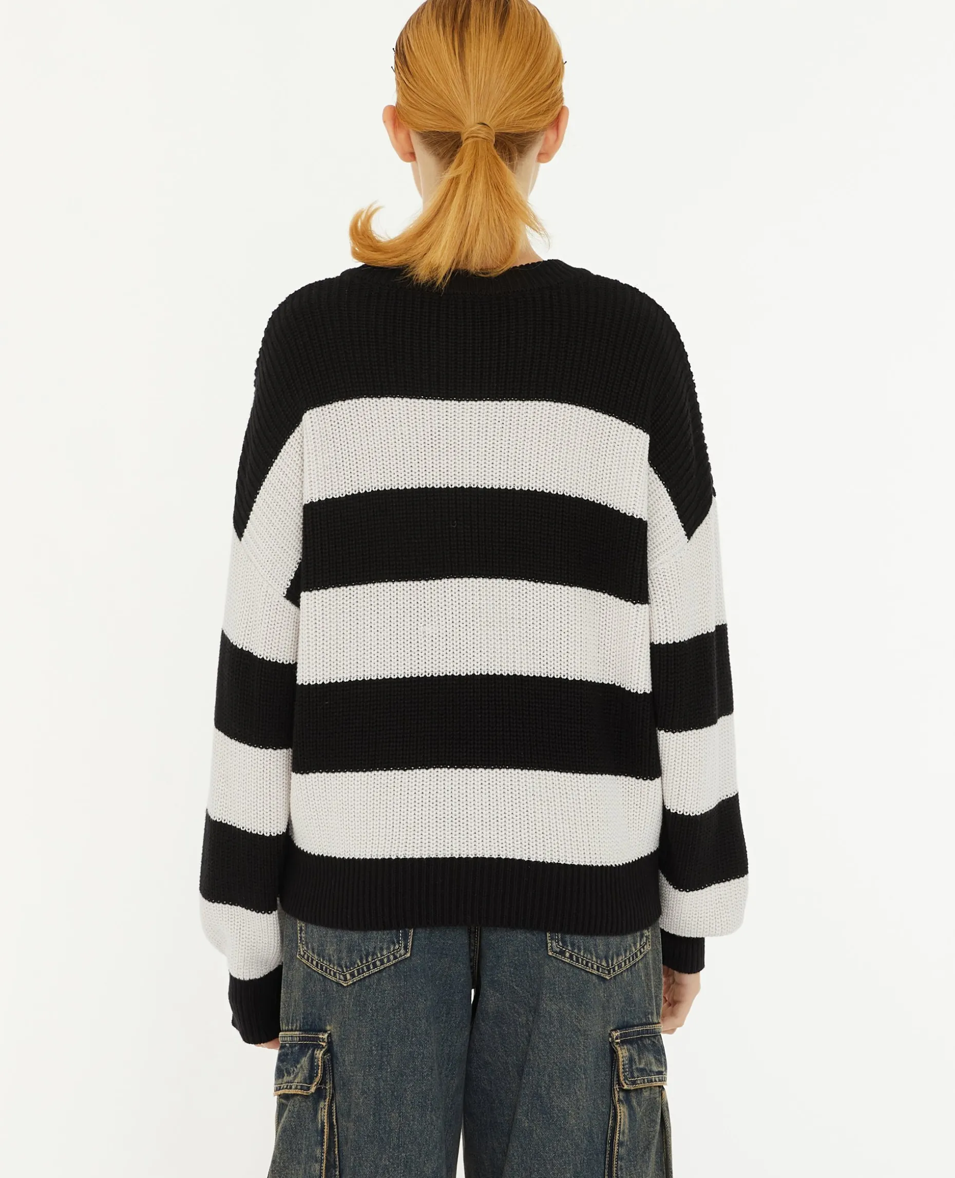 Pull Col Rond En Maille Rayée - Blanc