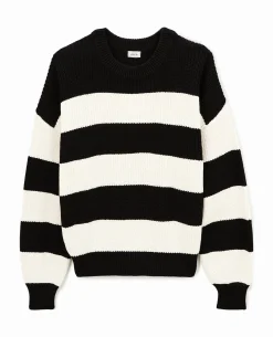Pull Col Rond En Maille Rayée - Blanc