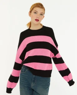 Pull Col Rond En Maille Rayée - Rose