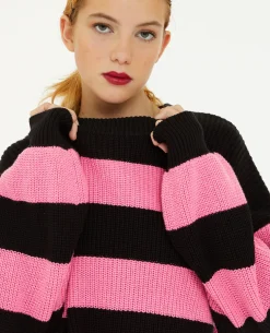 Pull Col Rond En Maille Rayée - Rose