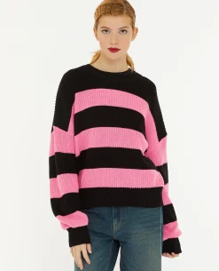 Pull Col Rond En Maille Rayée - Rose