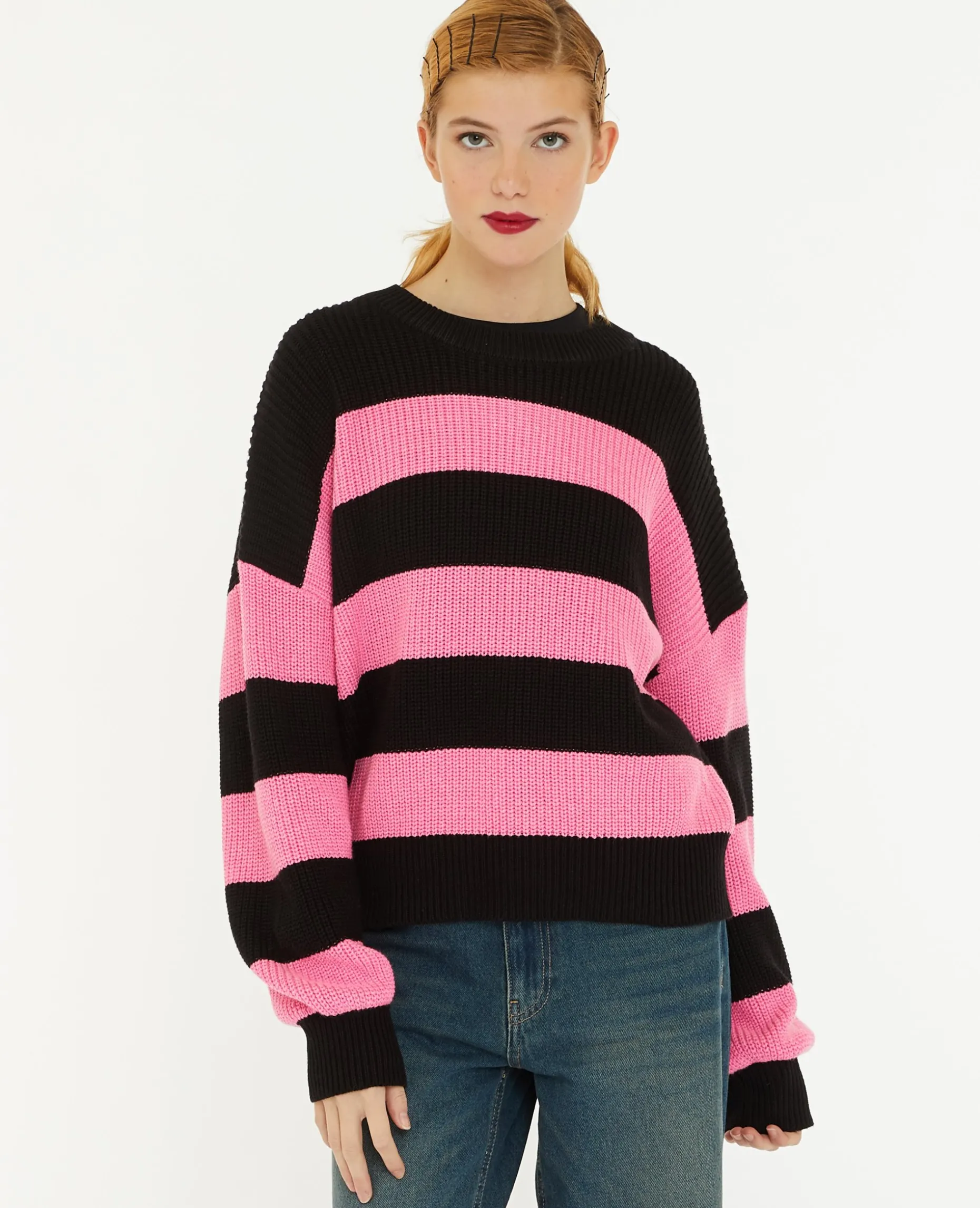 Pull Col Rond En Maille Rayée - Rose