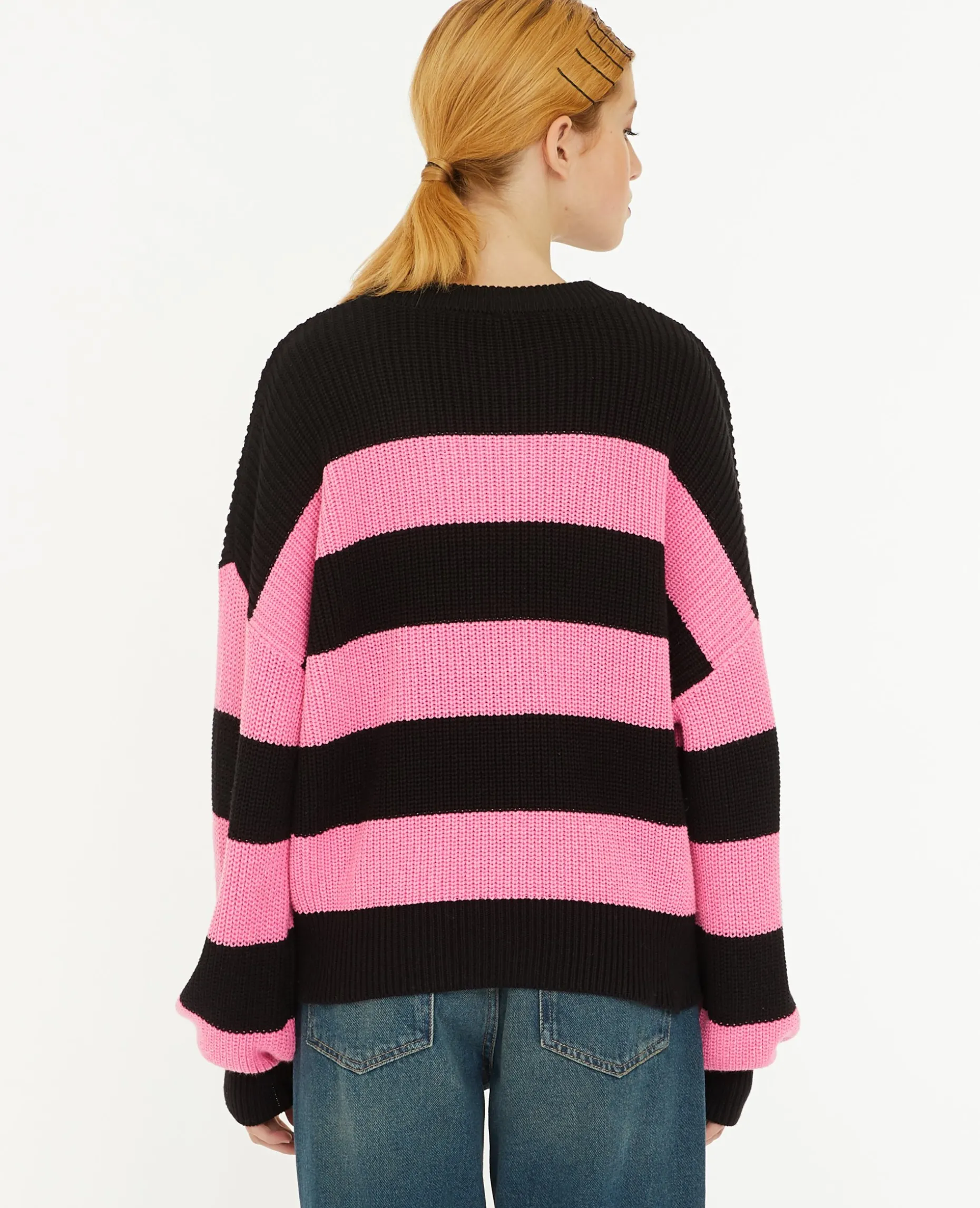 Pull Col Rond En Maille Rayée - Rose