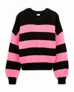 Pull Col Rond En Maille Rayée - Rose