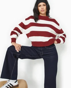 Pull Col Rond En Maille Rayée - Bordeaux