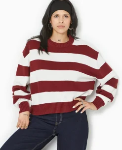Pull Col Rond En Maille Rayée - Bordeaux