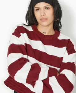 Pull Col Rond En Maille Rayée - Bordeaux