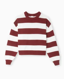 Pull Col Rond En Maille Rayée - Bordeaux