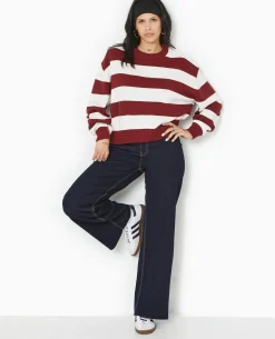 Pull Col Rond En Maille Rayée - Bordeaux