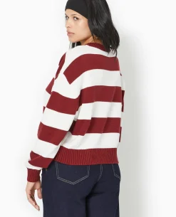 Pull Col Rond En Maille Rayée - Bordeaux