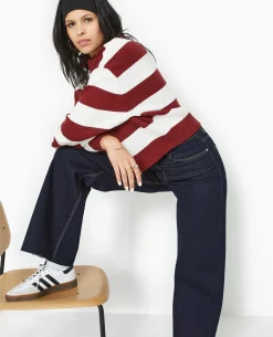 Pull Col Rond En Maille Rayée - Bordeaux