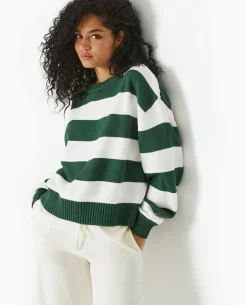 Pull Col Rond En Maille Rayée - Vert Foncé