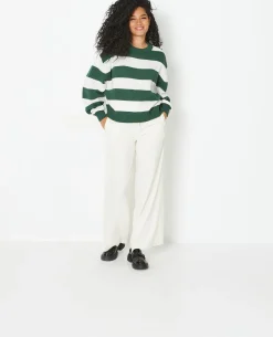 Pull Col Rond En Maille Rayée - Vert Foncé