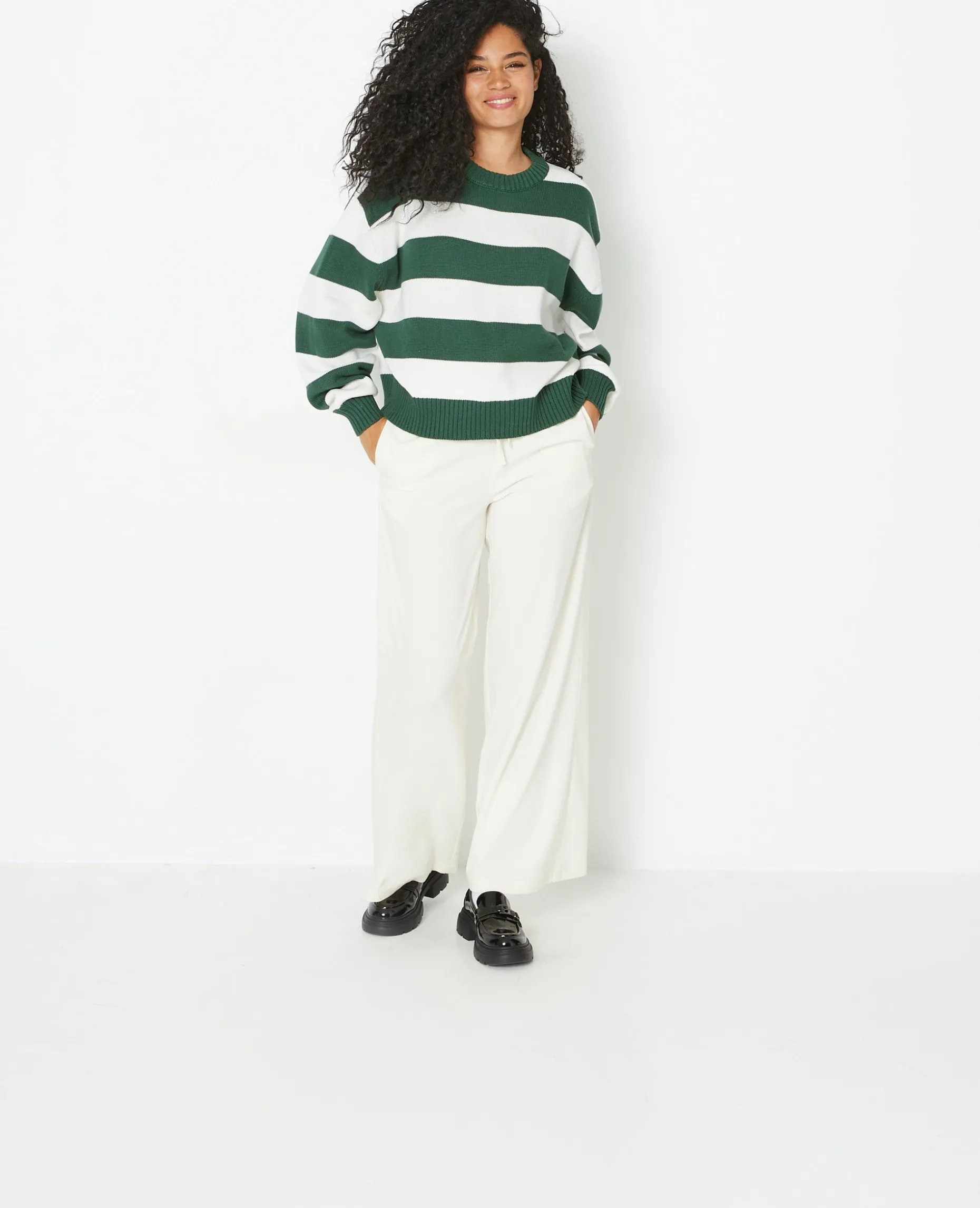 Pull Col Rond En Maille Rayée - Vert Foncé