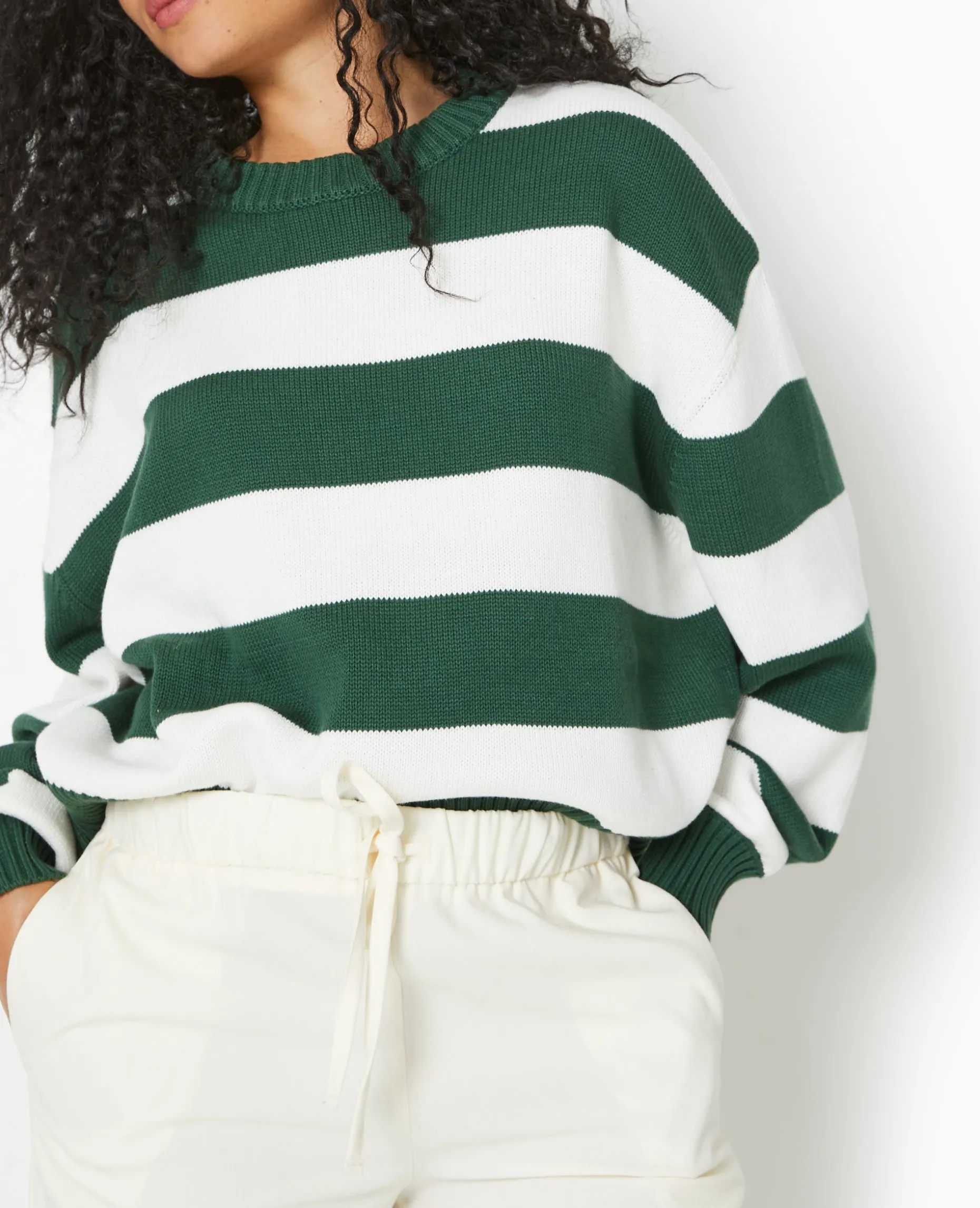 Pull Col Rond En Maille Rayée - Vert Foncé