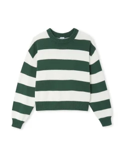 Pull Col Rond En Maille Rayée - Vert Foncé