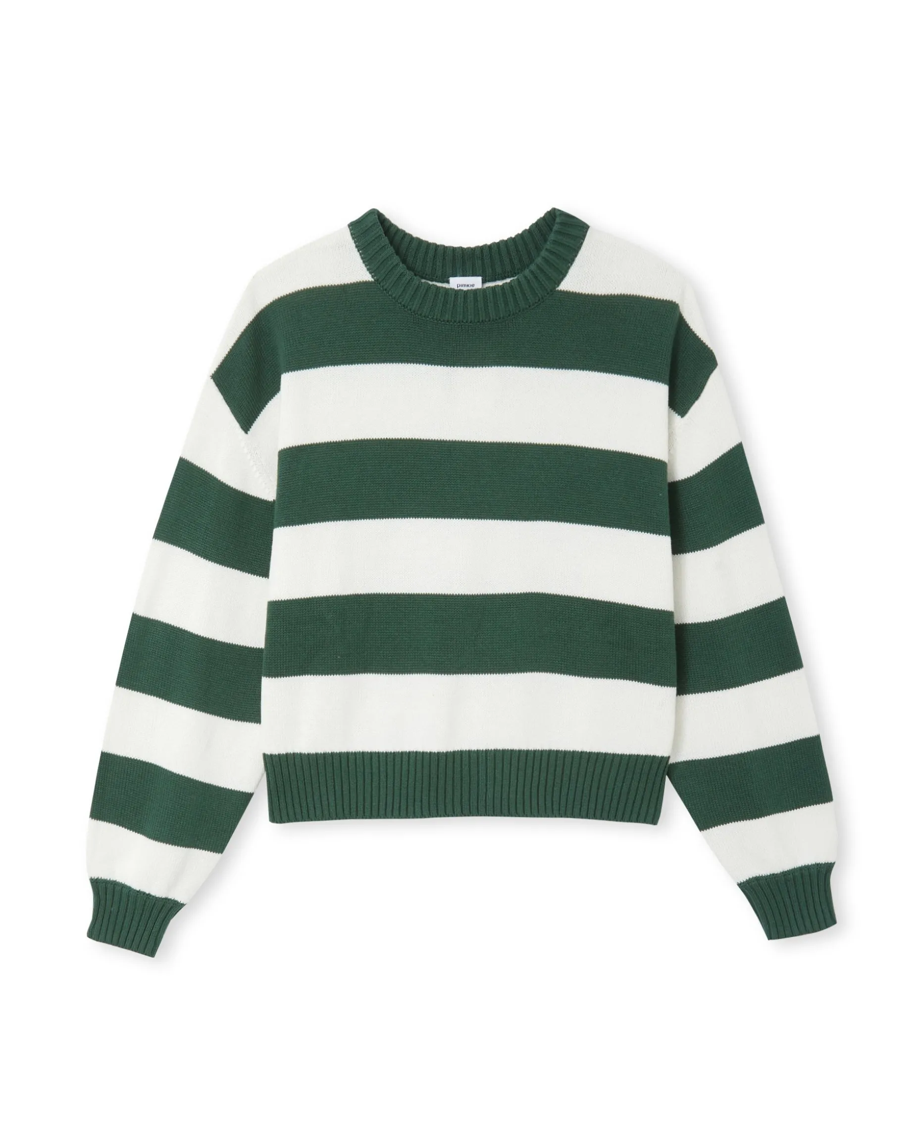 Pull Col Rond En Maille Rayée - Vert Foncé