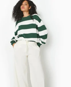 Pull Col Rond En Maille Rayée - Vert Foncé