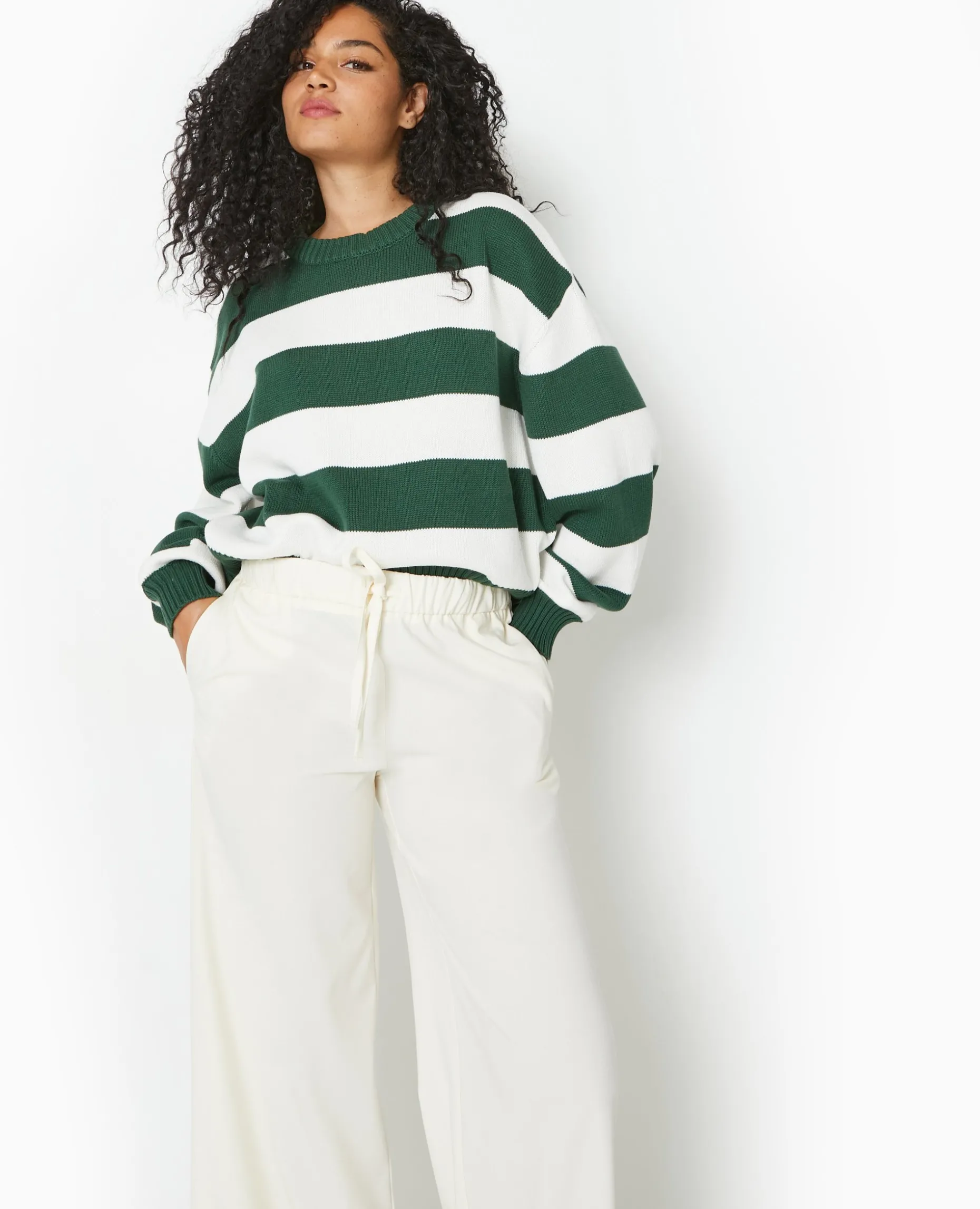 Pull Col Rond En Maille Rayée - Vert Foncé