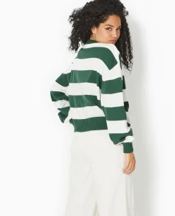 Pull Col Rond En Maille Rayée - Vert Foncé