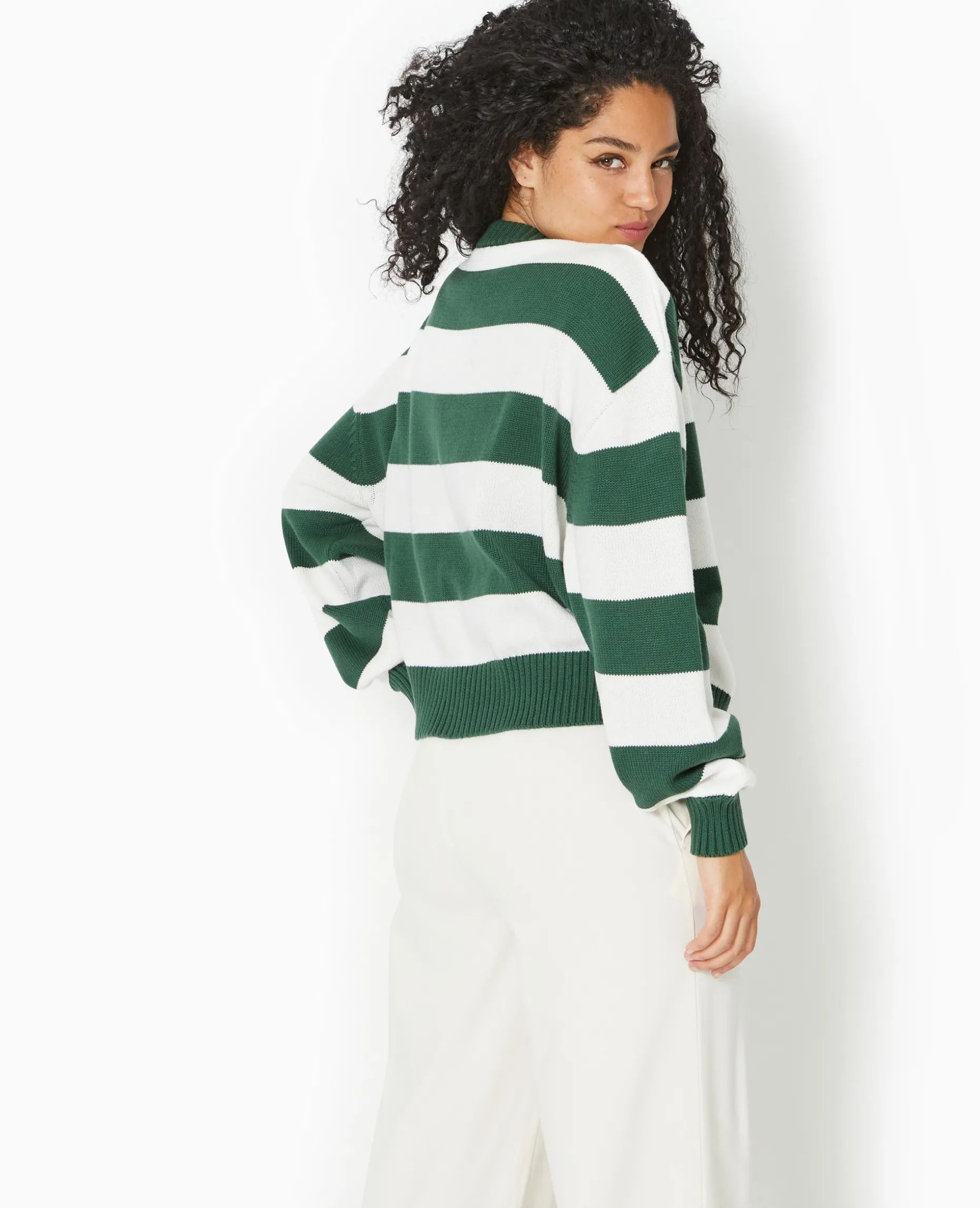 Pull Col Rond En Maille Rayée - Vert Foncé