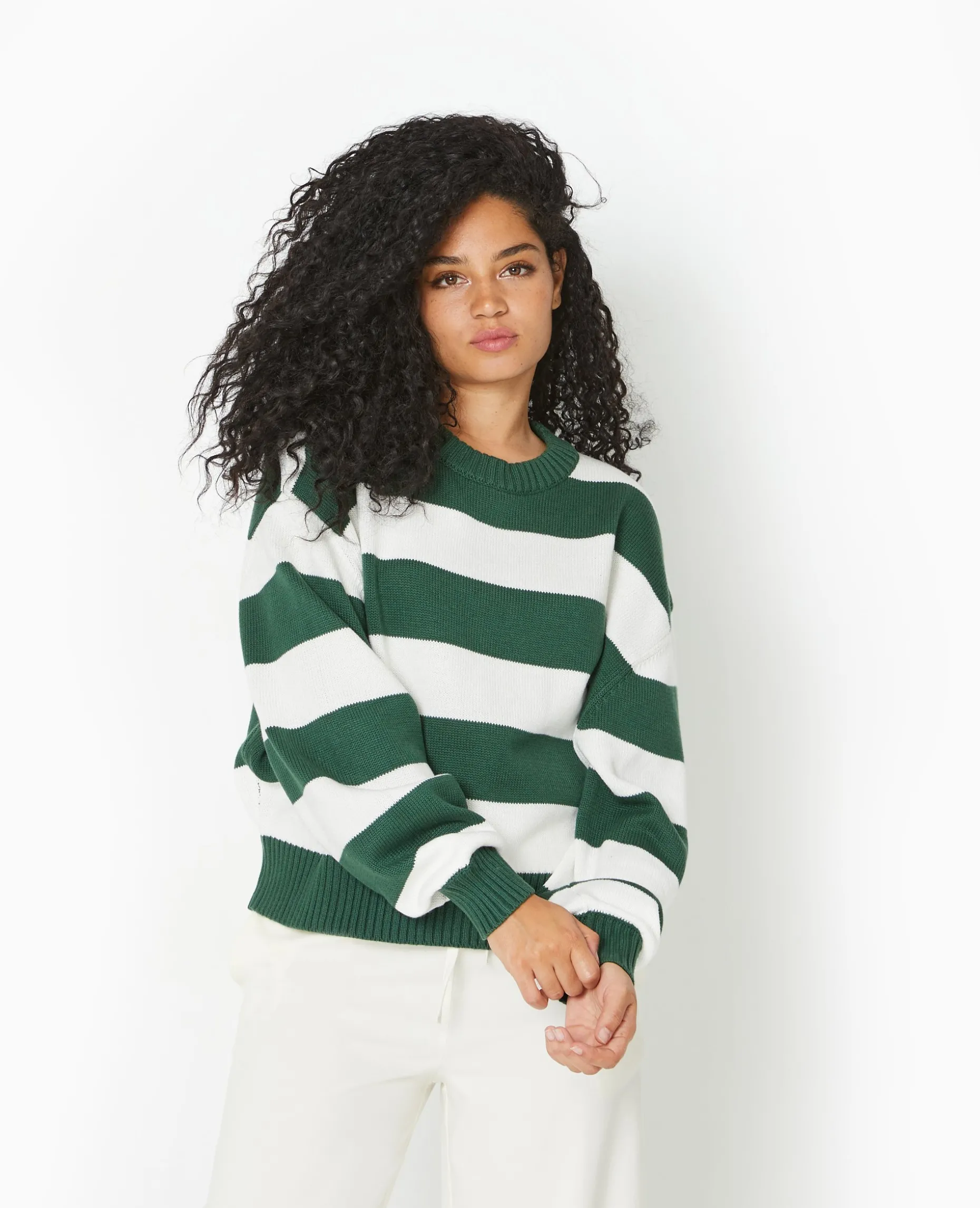 Pull Col Rond En Maille Rayée - Vert Foncé