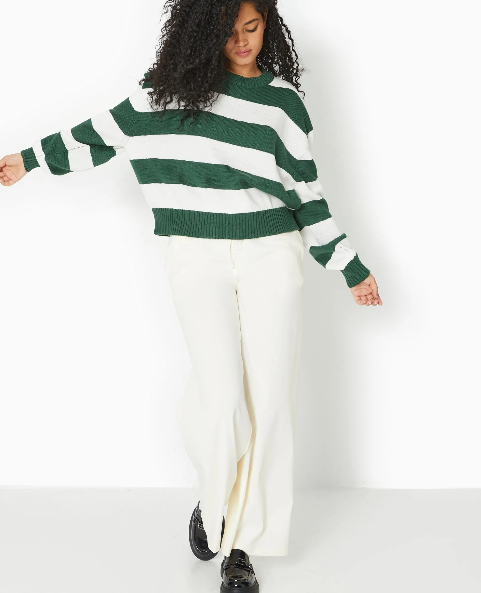 Pull Col Rond En Maille Rayée - Vert Foncé