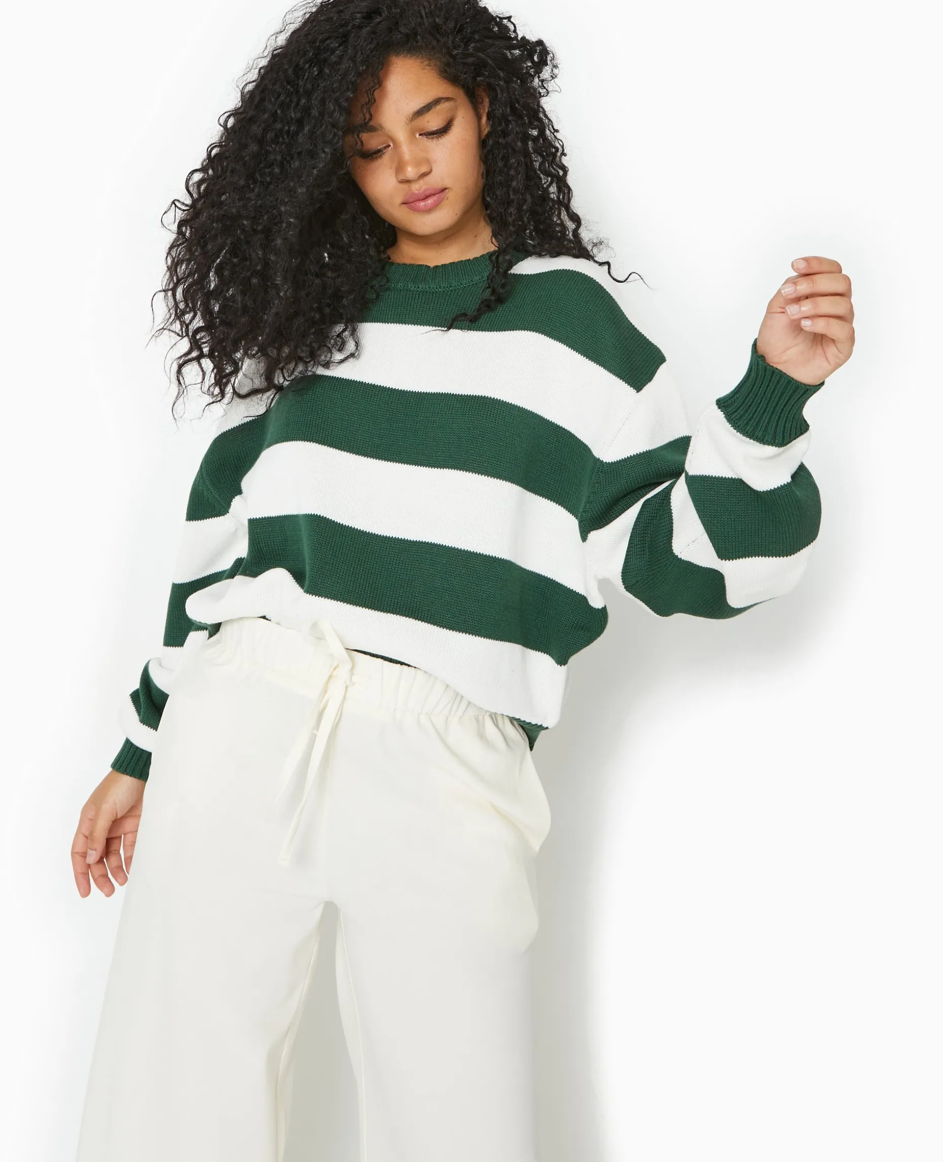 Pull Col Rond En Maille Rayée - Vert Foncé