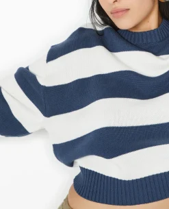 Pull Col Rond En Maille Rayée - Bleu Marine
