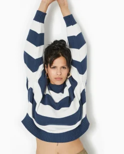 Pull Col Rond En Maille Rayée - Bleu Marine