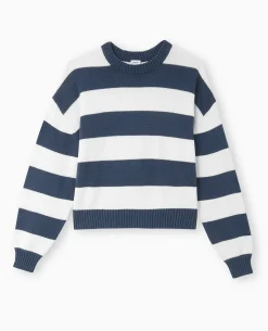Pull Col Rond En Maille Rayée - Bleu Marine