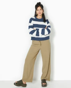 Pull Col Rond En Maille Rayée - Bleu Marine