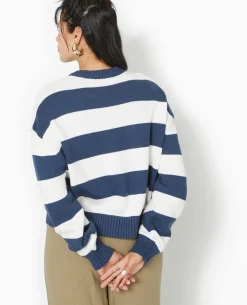 Pull Col Rond En Maille Rayée - Bleu Marine