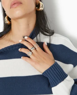 Pull Col Rond En Maille Rayée - Bleu Marine