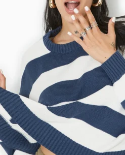 Pull Col Rond En Maille Rayée - Bleu Marine