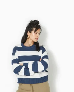 Pull Col Rond En Maille Rayée - Bleu Marine